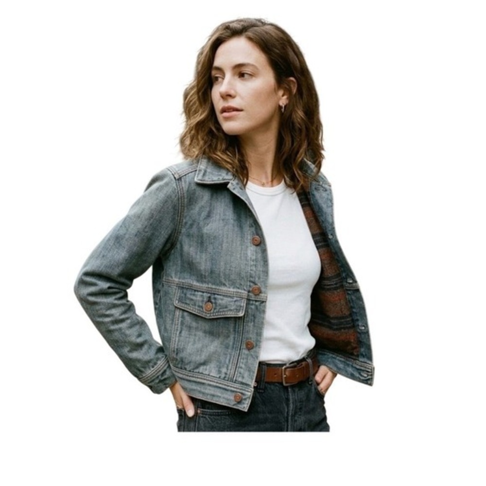 Adriano Goldschmied AG Jean Crop Jean Jacket Plaid Fleece LIned‎ Button Front nS
